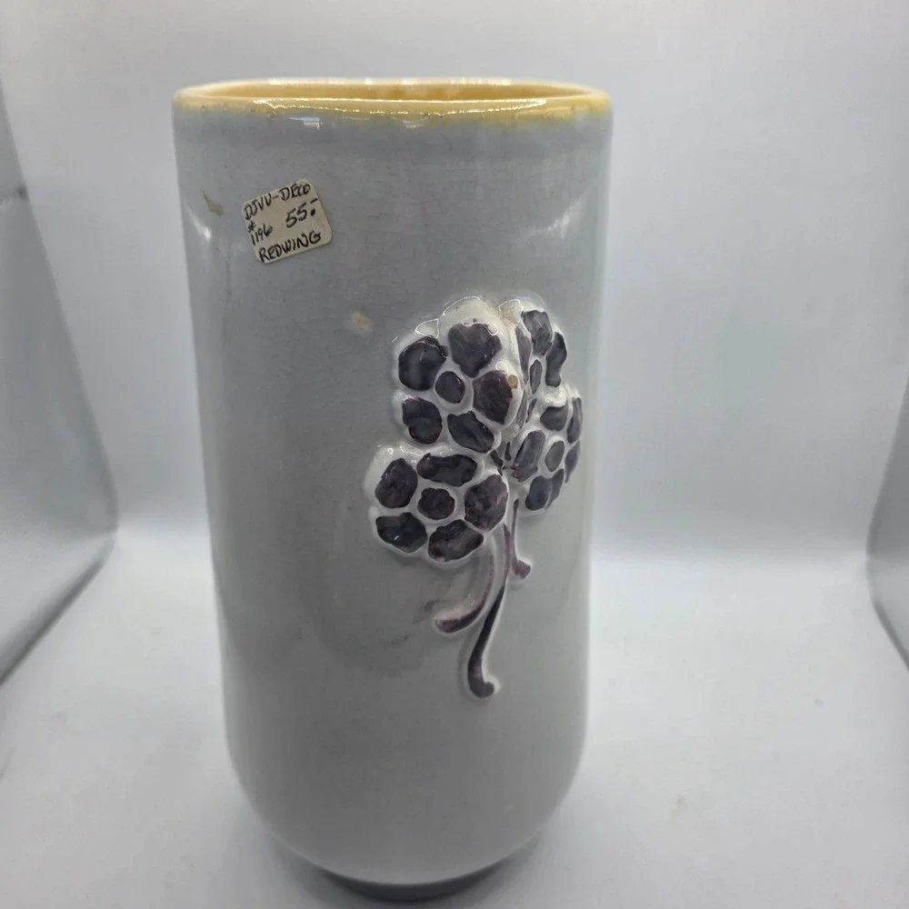 Large Vintage Art Pottery Vase Gray Crackle Glaze Purple Raised Flowers MCM